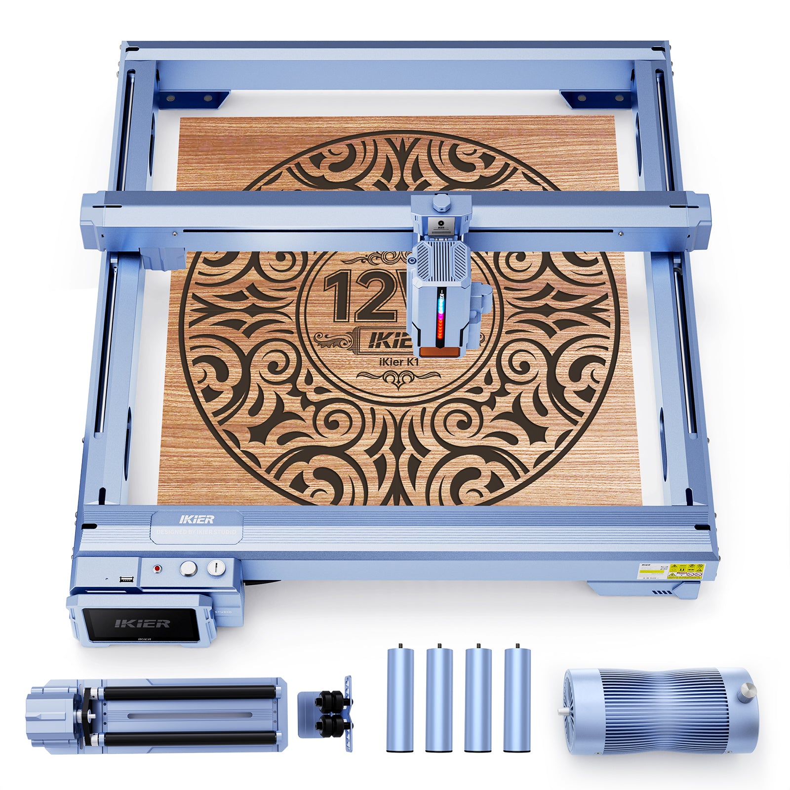 iKier K1 12W Laser Engraver + R2 Rotary + Air Assist Pump