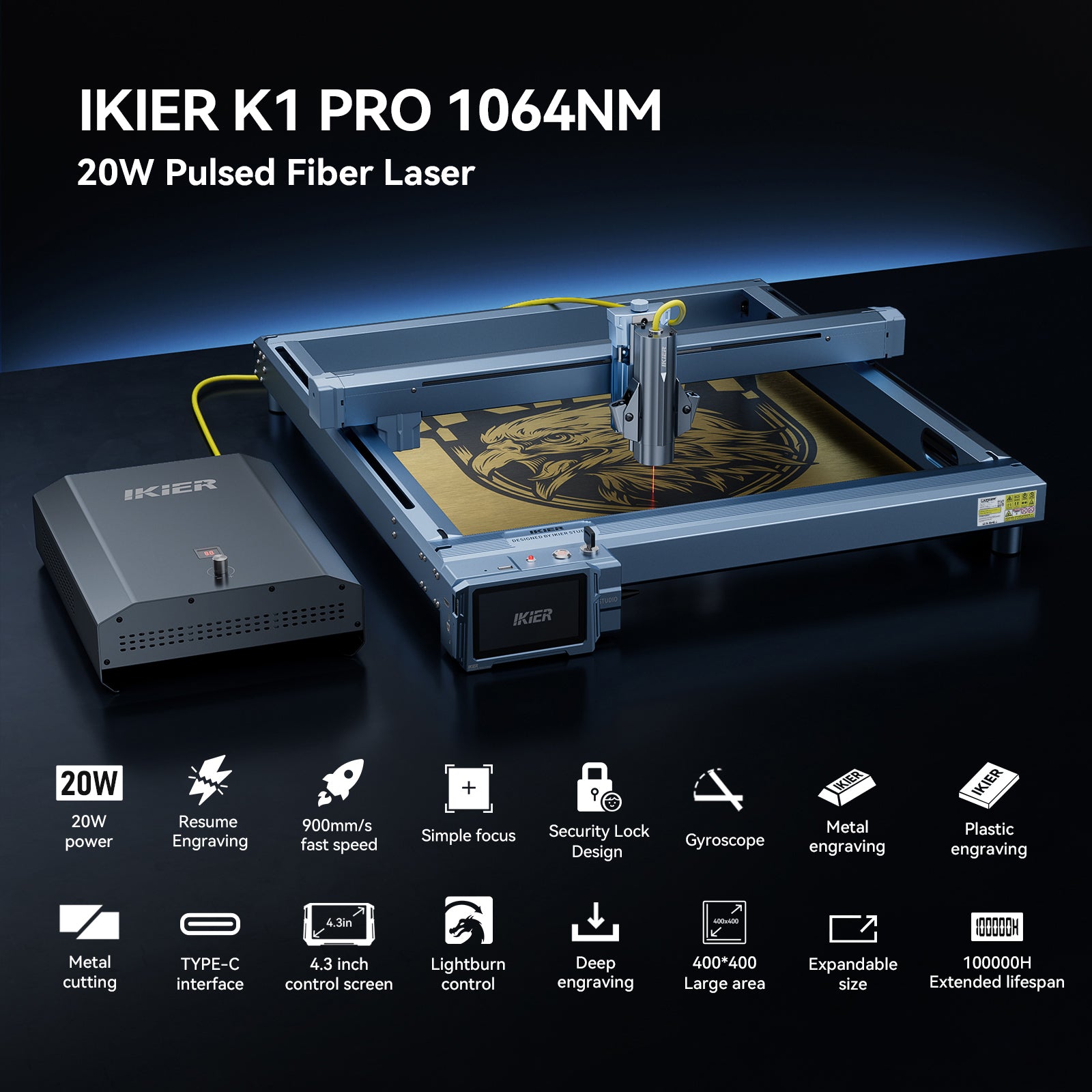 IKier K1 Pro 24W Graveur laser air + Rouleau rotatif multifonction